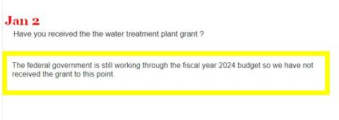 Water Treatment funding update